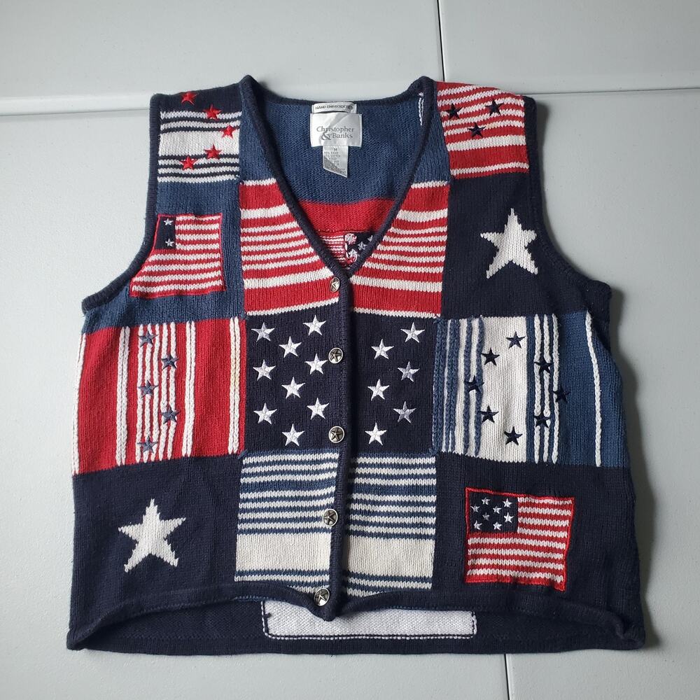 Christopher & Banks Sweater Vest Womens Medium Red White Blue Patriotic Flag